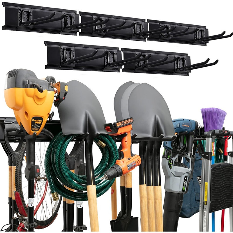 Support mural pour organisateur d'outils de garage - 80 po - Support de rangement robuste avec crochets réglables, antirouille - Installation facile, capacité de 500 lb - Organisateur d'outils de jardin (05 supports et 10 crochets)