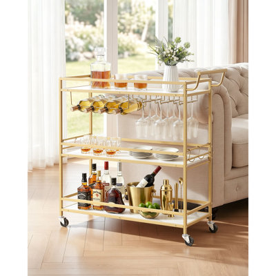 Chariot de bar carré à 3 niveaux avec étagères en bois, 91 × 33 × 93,5 cm, panneau antireflet et structure en fer, 1 pièce, chariot de service, doré, avec casier à vin et porte-verres.