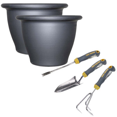 Outils à main de jardin et pot à fleurs en résine grise
