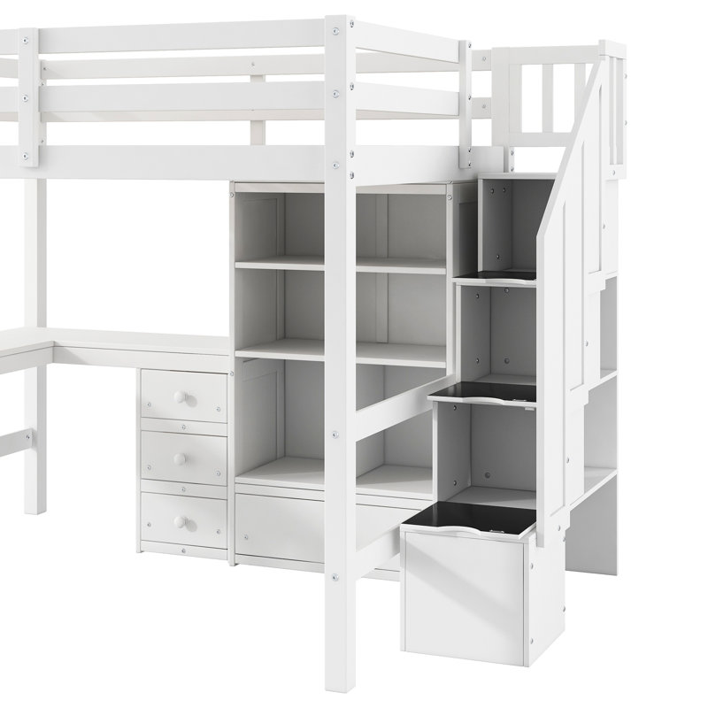 Lit mezzanine double avec bureau en L, tiroirs, armoire et escalier de rangement dans une teinte blanche élégante, Blanc