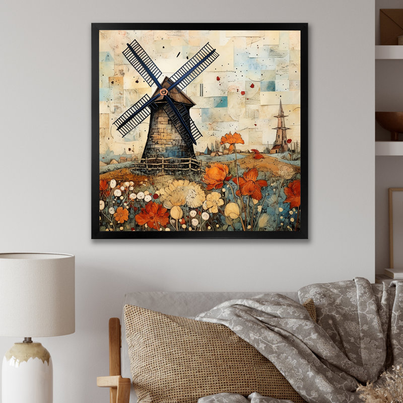 Art mural rétro vintage, Windmillscape 2 - Éoliennes, H 30 po x l 30 po x P 1,5 po, Cadre simple noir