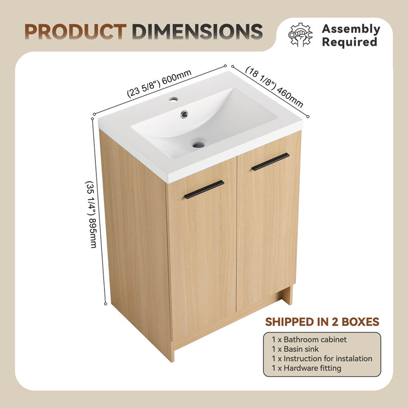 Meuble-lavabo autoportant de 24 po avec lavabo en résine, chêne clair, rangement à double porte, prêt-à-assembler, avec poignées en aluminium noir et brossé
