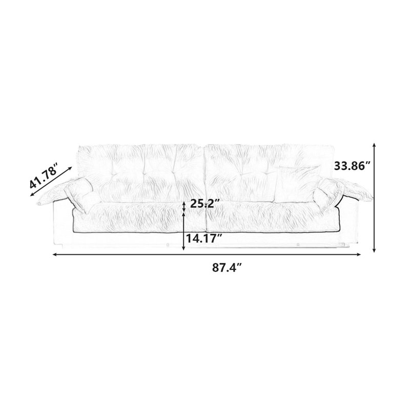 Canapé moderne standard en velours blanc crème, H 33,86 po x l 87,40 po x P 41,73 po, 2
