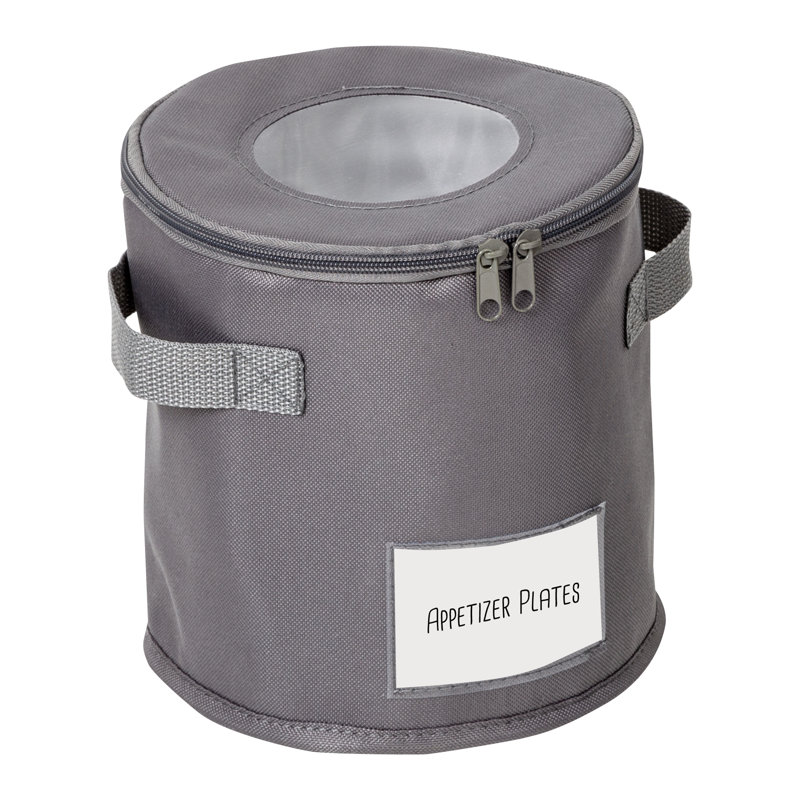 Gray Polyester 8" Round Dinnerware Storage Box with Zipper