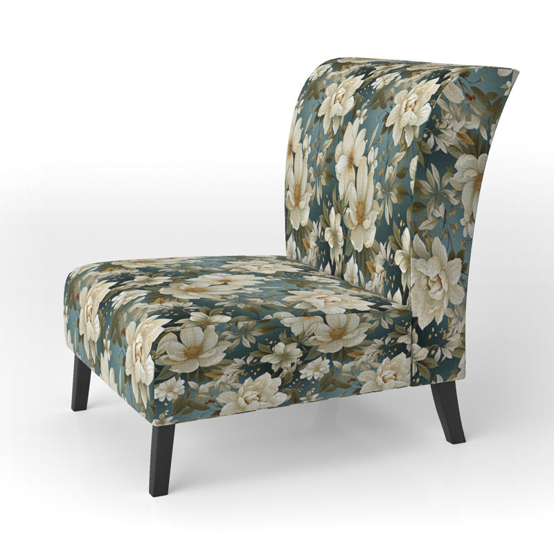 Motif botanique blanc et vert élégant - Fauteuil de chambre rembourré de style campagnard, fauteuil d'appoint rustique floral