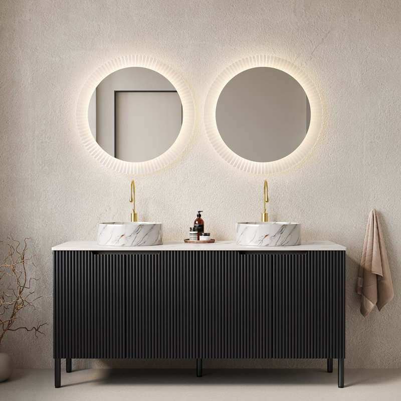Élégante armoire de salle de bain autoportante noire et blanche à double cuve pour les espaces de bain modernes