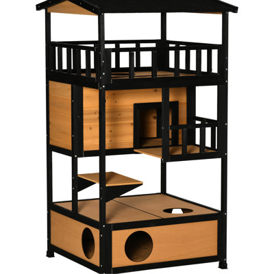 Maison d'extérieur pour chat jaune, base en bois massif, portes de secours et plateforme de saut pour chats de 10 livres ou moins, abri en bois avec portes