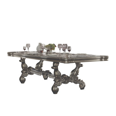 Table de salle à manger extensible Versailles classique européenne 100-136 po – Finition platine antique avec pieds massifs sculptés en volutes, plateau sculpté orné, table en bois massif pour grandes salles à manger formelles