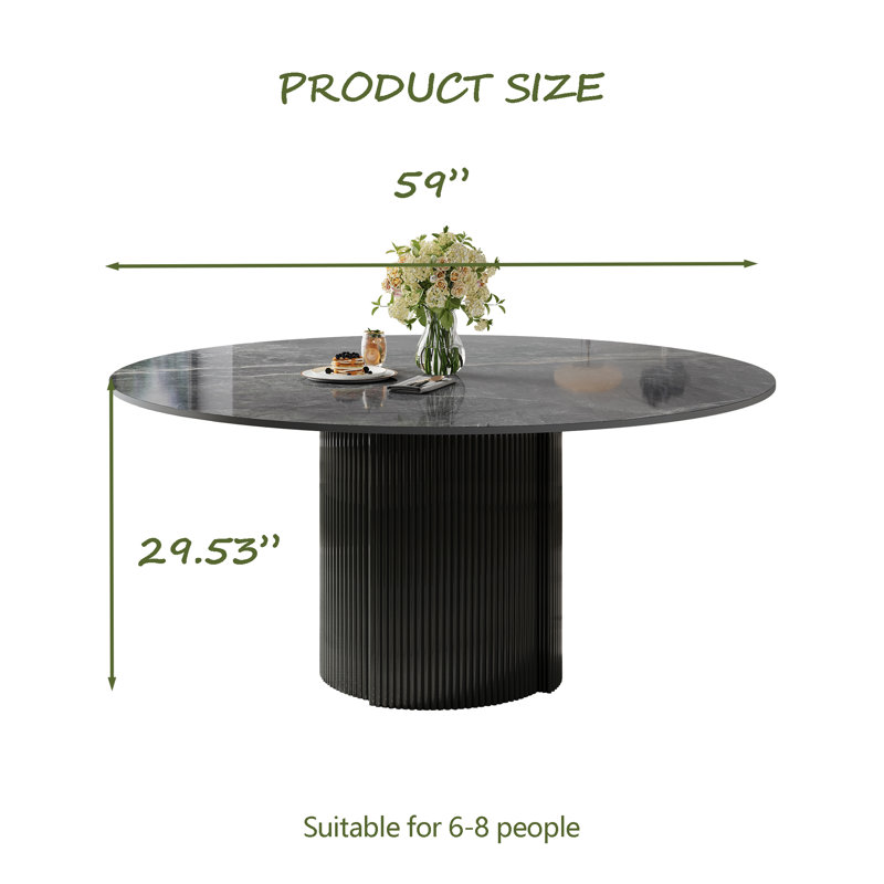 59" Modern Round Dining Table For 6-8, Glossy Sintered Stone Table Top, Dark Gray, Black