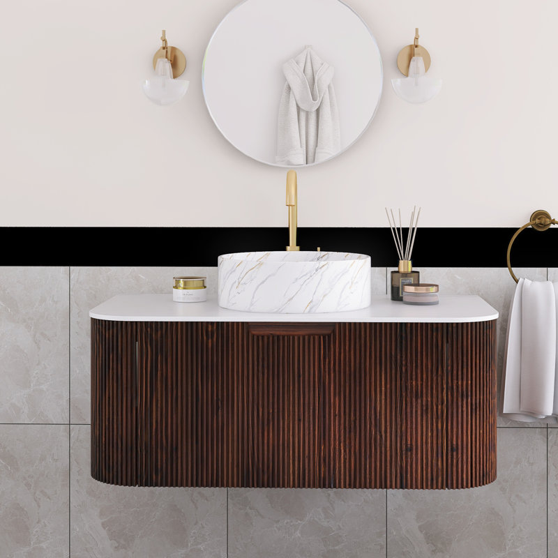 Meuble-lavabo flottant mural 36 po en noyer avec plateau en marbre artificiel blanc, Noyer