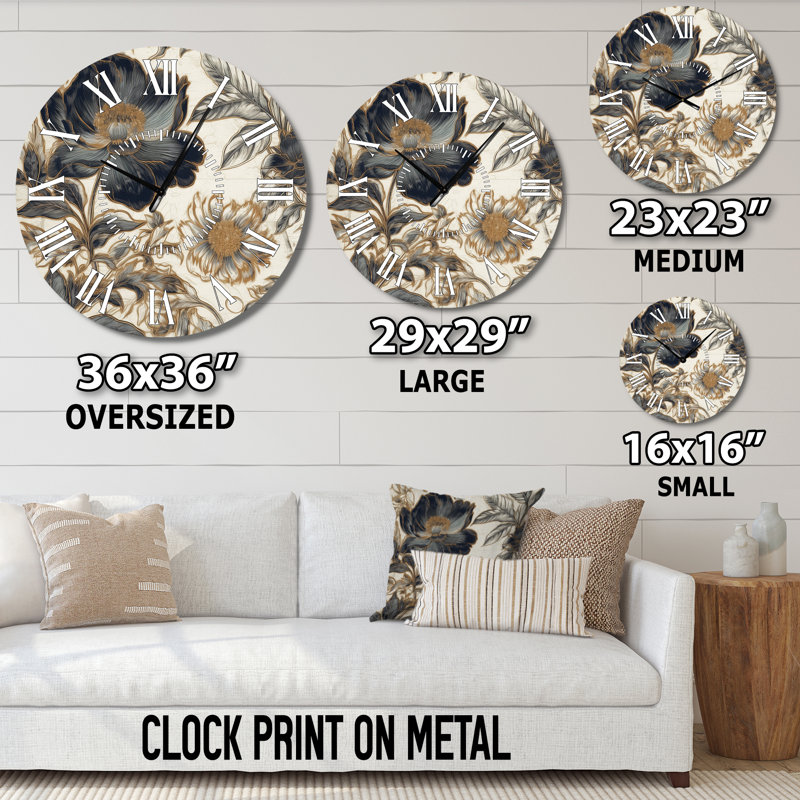 Horloge murale pivoines bleues et dorées Symphony I, Grand