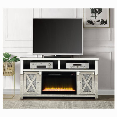 Noralie Glam Mirrored TV Stand With Faux Diamond Inlay, Doors & Open Storage (Fireplace Compatible)
