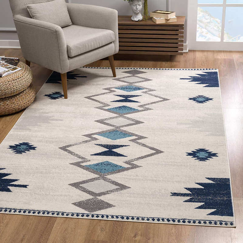 Tapis de couloir bleu et ivoire Strathearn Southwestern, Rectangle de 5 pi x 8 pi