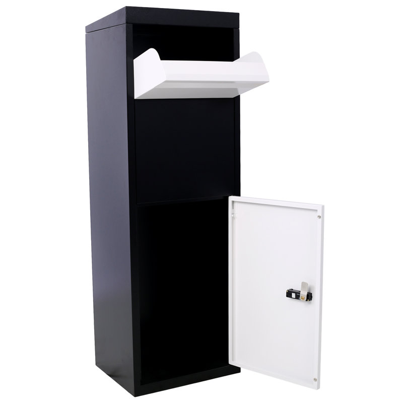 Boîte aux lettres monobloc en acier galvanisé, 35,6 x 28,7 x 106,7 cm, blanche et noire, avec serrure à code et matériel de fixation.