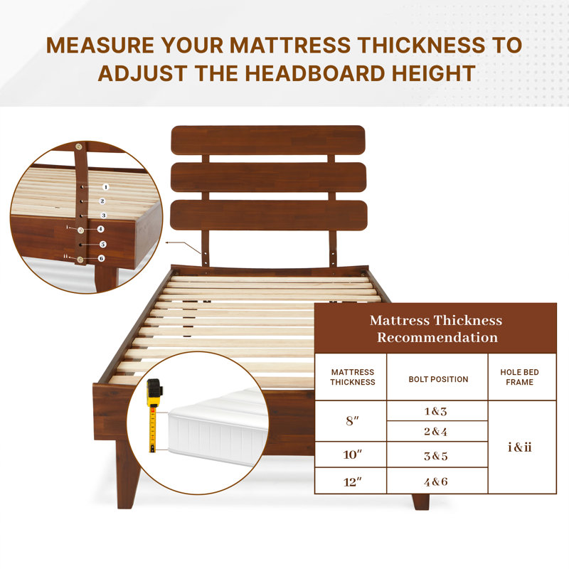 Caden Solid Wood Platform Bed with Adjustable Headboard, Mid-Century Modern, Dark Chocolate, Twin