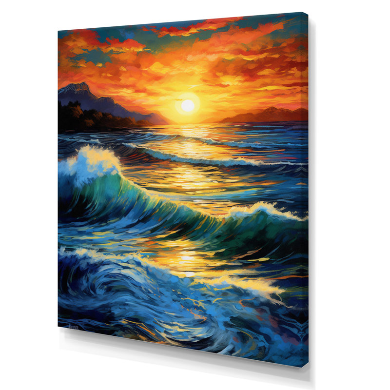 Lumineux coucher de soleil de vagues se brisant sur le rivage II, H 20 po x l 12 po x P 1 po, Toile tendue