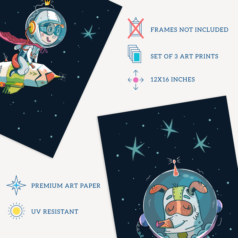 Astronaut Boy Bedroom Pet Dog And Aliens Fun Space - 3 Piece No Frame Print Set, 40.5cm H x 30.5cm W x 0.3cm D