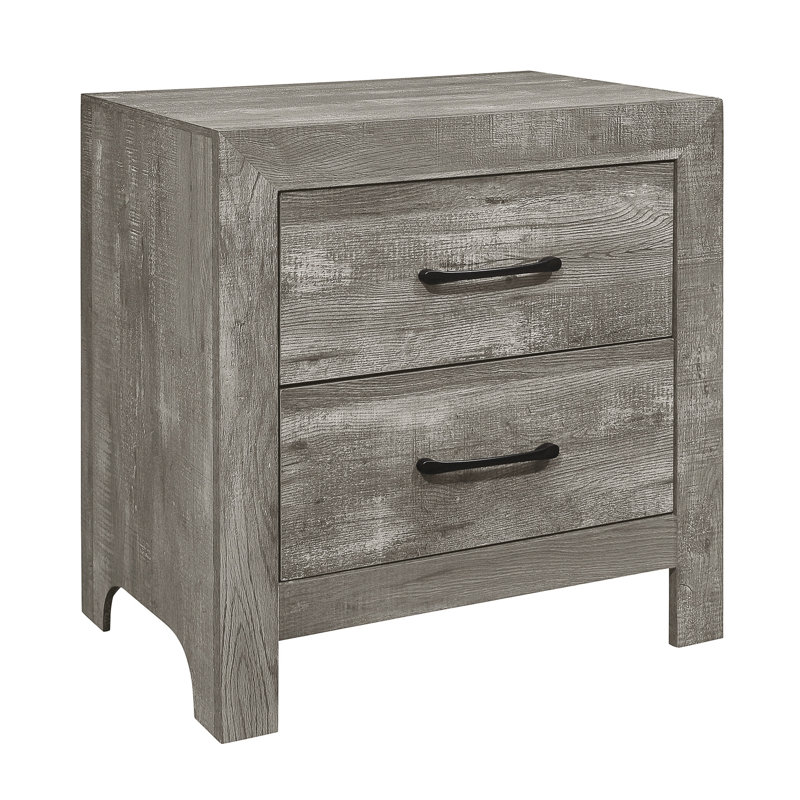 Table de chevet à finition grise 2, meubles de chambre à coucher de style rustique, table de chevet à glissières en métal incluse en gris, option de rangement à 2 tiroirs, système de coulissement