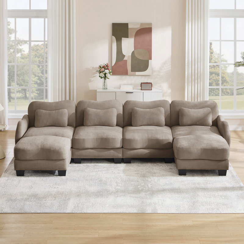 Canapé d'angle surdimensionné en chenille, en forme de U, avec 4 coussins lombaires raffinés, canapé 4 places avec 2 poufs amovibles, design ergonomique incurvé, canapé modulaire facile à assembler, idéal pour le bureau.