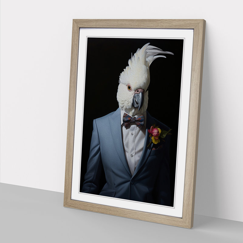 Cockatoo In A Suit No.2 - Single Picture Frame Print on Wood, 34cm H x 25cm W x 2cm D, Oak