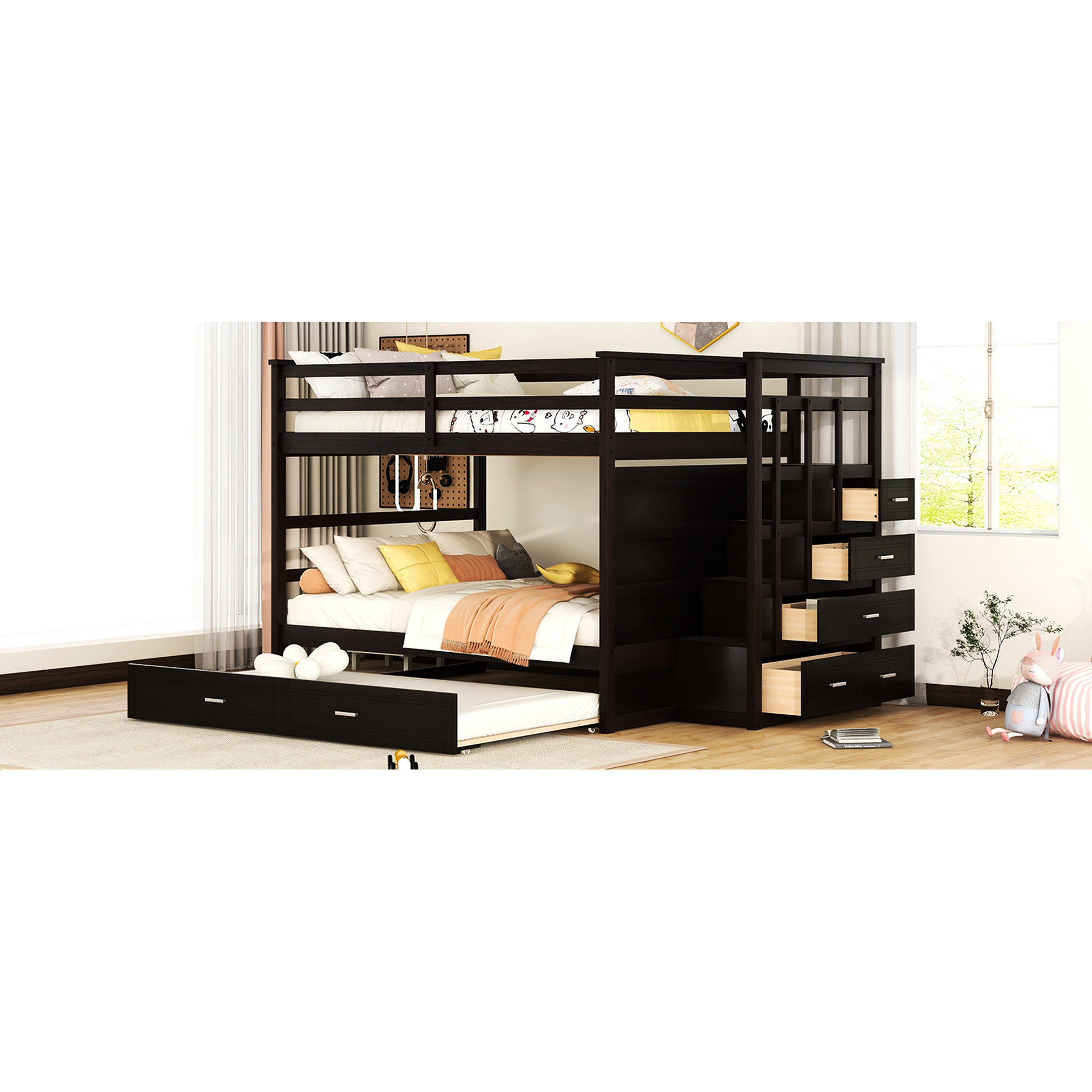 Harriet Bee Full Over Bunk Bed With Twin Size Trundle And Staircase ...