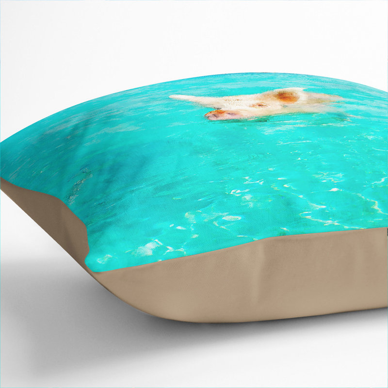 Swimming Pig Painting Square Throw Cushion, 40cm H x 40cm W x 15cm D, Stone