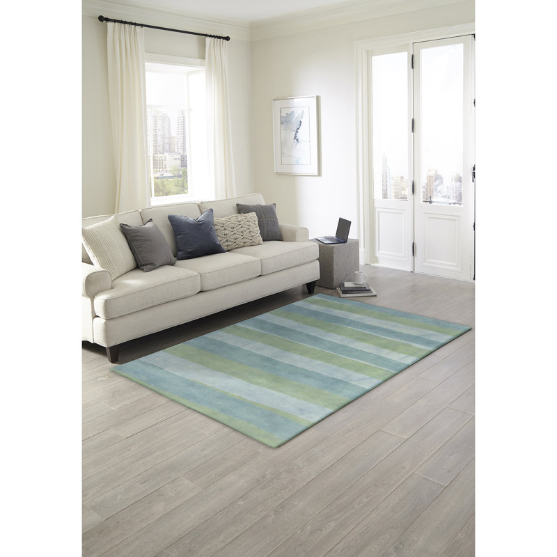 Tapis rayé bleu en laine touffeté à la main Mullican, Rectangle 7 pi 6 po x 9 pi 6 po