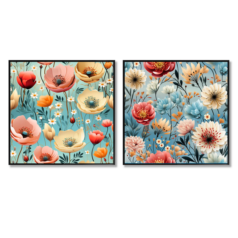 Wallner - Ensemble de 2 collages carrés floraux, Cadre flottant noir, H 16 po x l 33 po