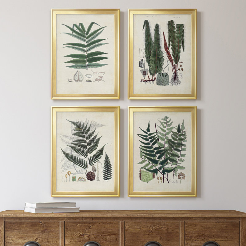 Collection de fougères ix - ensemble de 4 peintures sur toile encadrées, H 42,5 po x l 122 po x P 1 po, Cadre doré