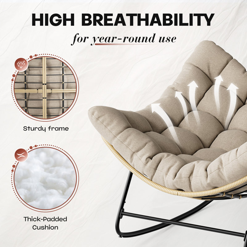 Nechuma Upholstered Rocking Accent Chair, Oversize Papasan Chair, Beige