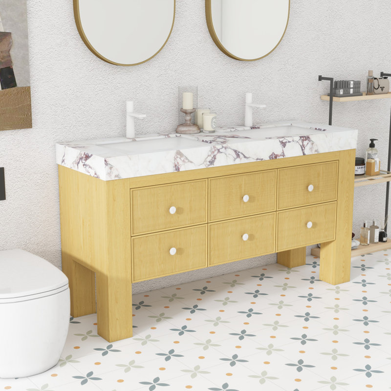 Meuble-lavabo double 60 po avec comptoir en pierre frittée et lavabo en céramique