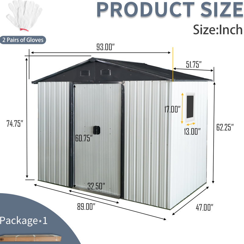 Remise extérieure en métal 8 pi x 4 pi pour la cour, le patio et la pelouse. Blanc et noir. Solide. Toit incliné et porte verrouillable. Avec remise de 8 pi x 4 pi. Pratique. Comprend des ajouts