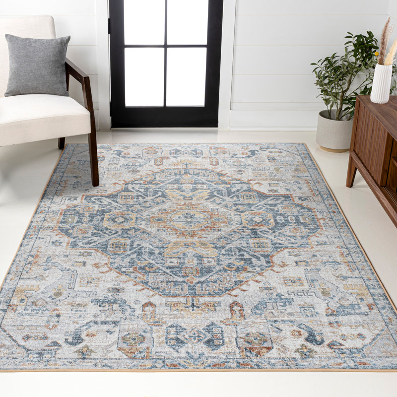Mirnes Bohemian Medallion Low-Pile Machine-Washable Cream/Blue/Terra Rug, Rectangle 7'10" x 10'