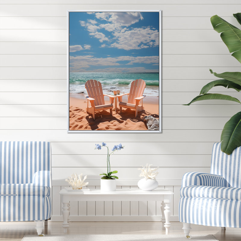 " Beach Chairs Dream II ", 20" H x 12" W x 1" D, White Floater Framed