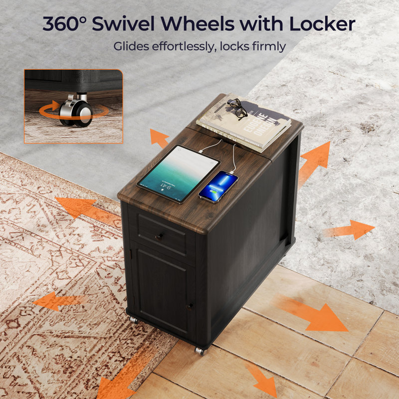 Roller End Table With Storage Charging Station Hidden Usb Ports And Outlet, Black