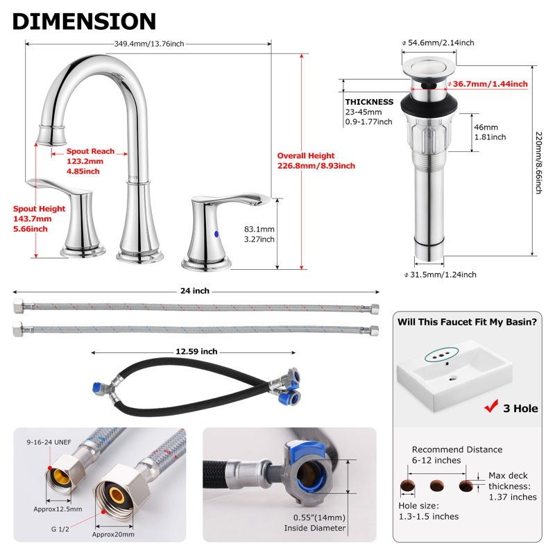 Widespread 2- Handle Bathroom Faucet with Metal Pop Up Drain, Polished Chrome