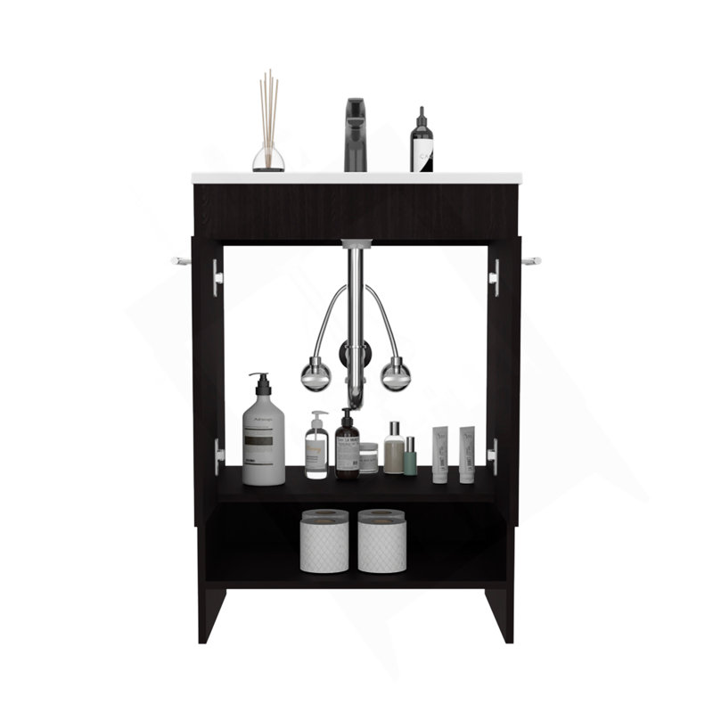 Lorenzo Floor Vanity With Four Drawers And Two Open Shelves, Black, Black