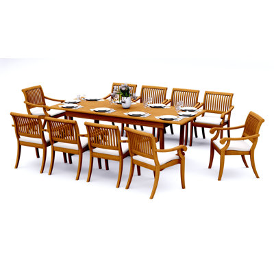 10 Seats 11 Pcs Grade-A Teak Wood Dining Set: 94" Double Extension Mas Rectangle Trestle Leg  Table And 10 Arbor Stacking Arm Chairs #11AB2110
