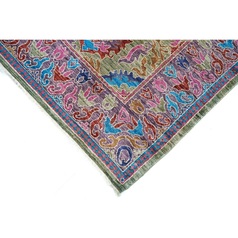 Tapis vert et mauve noué à la main de haute qualité