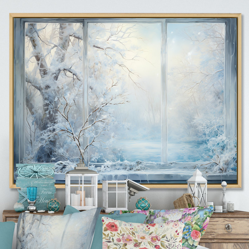 Winter River Window View IV - Winter Landscape, art mural, Cadre flottant brun, H 16 po x l 32 po x P 1 po