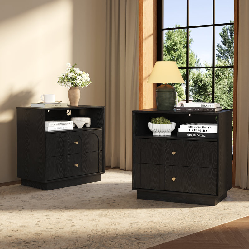 Ensemble de 2 tables de chevet à 2 tiroirs avec station de charge, table de bout arquée de style Mid-Century moderne avec tablette de rangement, table de chevet pour chambre à coucher, bureau