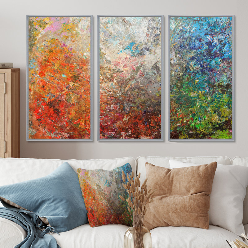 Peinture abstraite sur panneau - 3 pièces, cadre flottant, peinture sur toile, Cadre doré, Cadre argenté