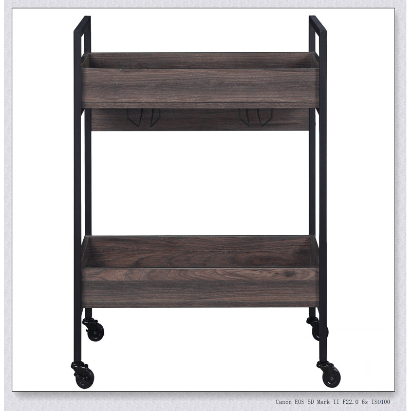 Walnut and Black Serving Cart with 2 Shelves, Durable Melamine Top for Elegant and Functional Entertaining