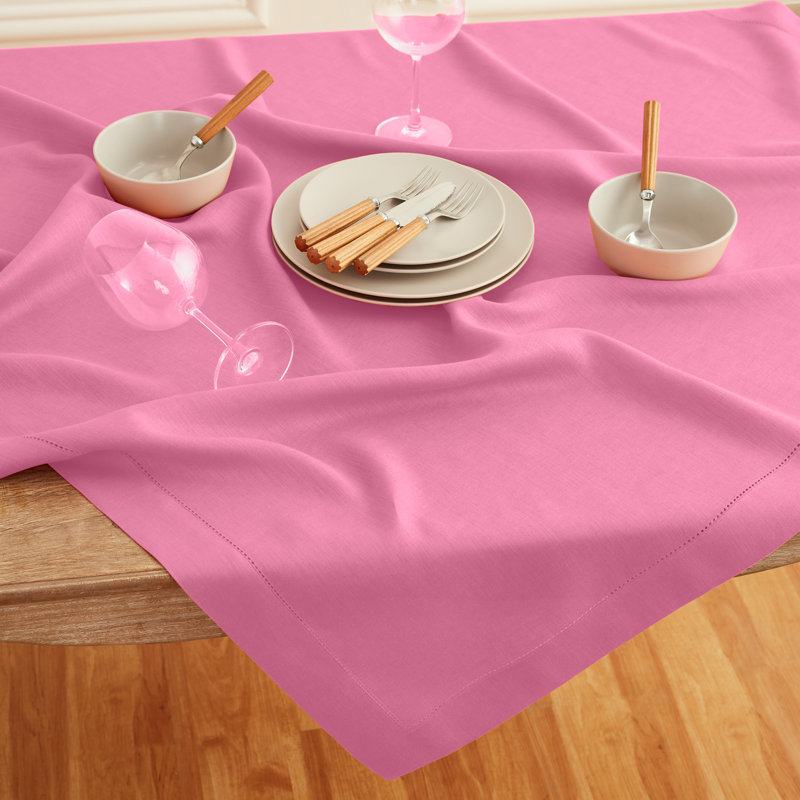 100% Pure Linen Hemstitch Table Cloth - Classic Hemstitch, Flamingo Pink, 90" x 60"
