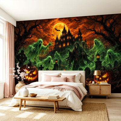 Peel and Stick Wallpaper Wall Mural Haunted Halloween Mansion Glowing Pumpkins Figures Wall Art Self Adhesive and Removable