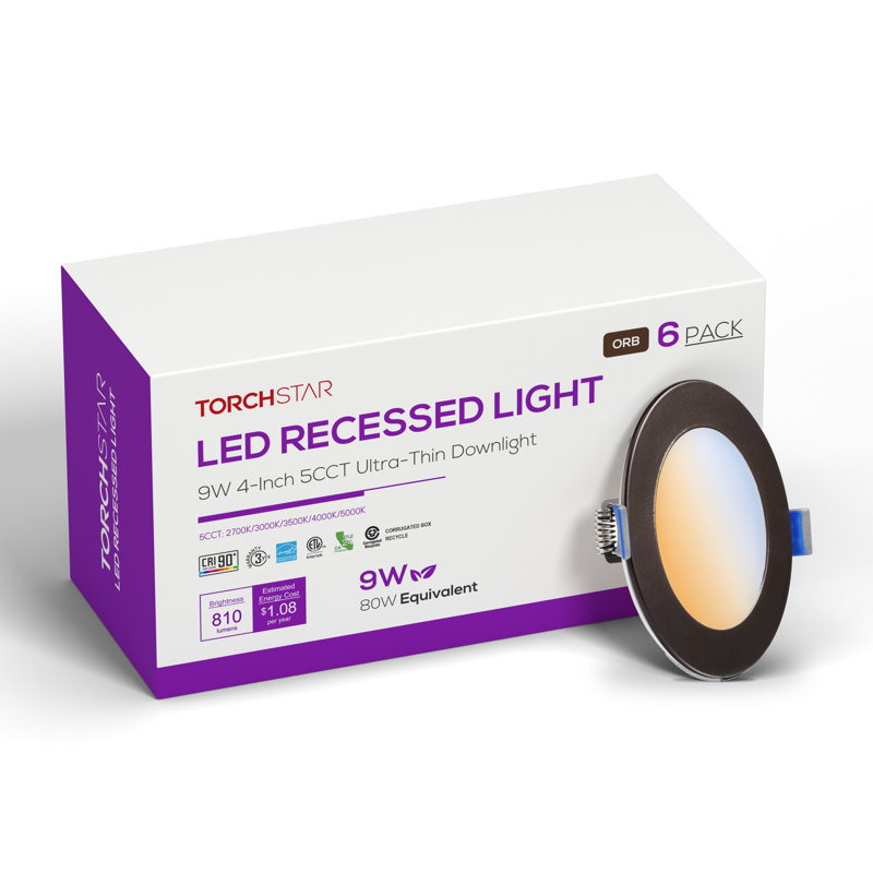 Luminaire encastré DEL mince de 4 po (10 cm) et 5 CCT avec boîte de jonction, à intensité variable, sans boîtier, IRC 90, bronze huilé