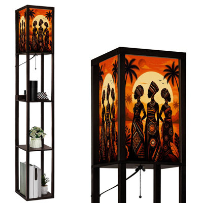 Dimmable LED Standing Floor Lamp Desert Landscape Under Moon Cacti Starry Sky Full, MDF Frame Floor Lamp with Remote Control, 3 Color Light, for Living Room Bedroom