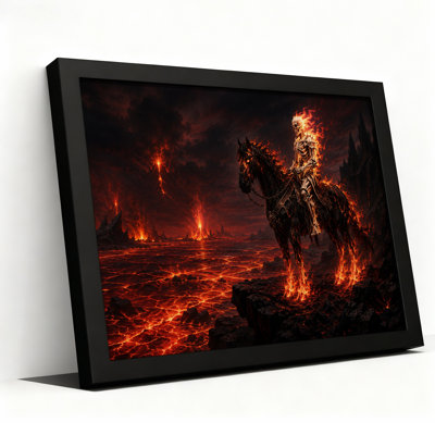 Fiery Skeleton Rider on Black Horse in Volcanic Halloween Canvas Wall Art