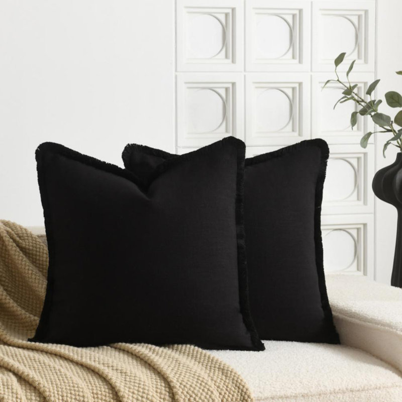 Housse de coussin en lin délavé texturé Boho Farmhouse, Carré 20 po, Noir