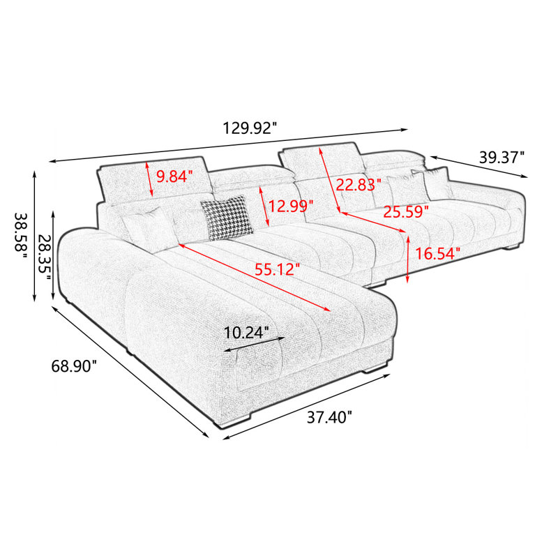 Canapé modulaire 3 pièces rembourré, Chenille crémeux / blanc, H 38,58 po x l 129,92 po x P 68,9 po, Face à la gauche